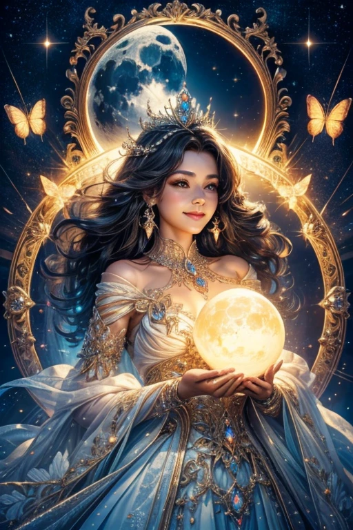 A light orb with magician circle around the orb, hand, many shining butterfly, beautiful smile, sparkle sky, shining, gust of wind, light bright flowers, sun and moon, dark light of fantastic and cosmological with universal. Amazing view very bright and warm starry. Detail, HD, Dynamic, Enchanted. Multiple colours. Beautiful perfect face and anatomy. Amazing bright dress. Very epic and bright, best pose. A goddess. Golden shining accessories. Cute. Split up sky.