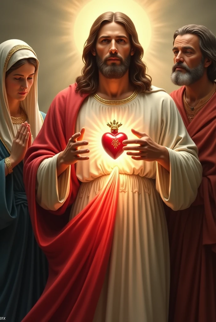 (photorealism:1.2) divine mercy with red and white rays and nail marks on hand with our mother of perpetual help and saint joseph