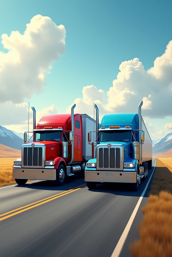 Canadian two truck in red and blue colour on long road in row