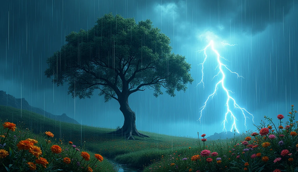 The lightning on the tree and raining and flowers .