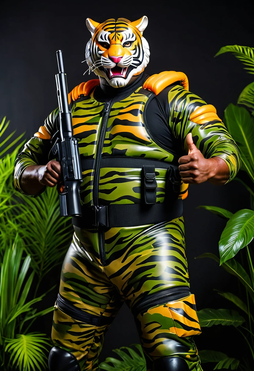 (a dark-skinned fat old man in a bulky camouflage zipper diver suit), wearing a realistic roaring (tiger mask), thumbs up, carrying a gun holster, muscular, imposing stature, Basuki Abdullah style, sumatraism, action, (a character portrait), heroic, fierce, snarling, vibrant colors, deep shadows, intense lighting, dramatic atmosphere, jungle background with verdant greenery, visual depth, lucid detail, ultra-detailed, ultra-realistic, professional, best quality.