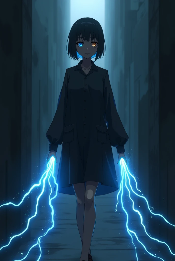 The image is anime style with shadows and dim lights, anime style although somewhat adult and dark, It shows a female android, who looks to be 20 years old, has short straight black hair, with an expressionless face, while walking carrying a discharge of blue rays between his fingers. He has eyes with heterochromia, One is brown and the other is blue. is beautiful, and expressionless