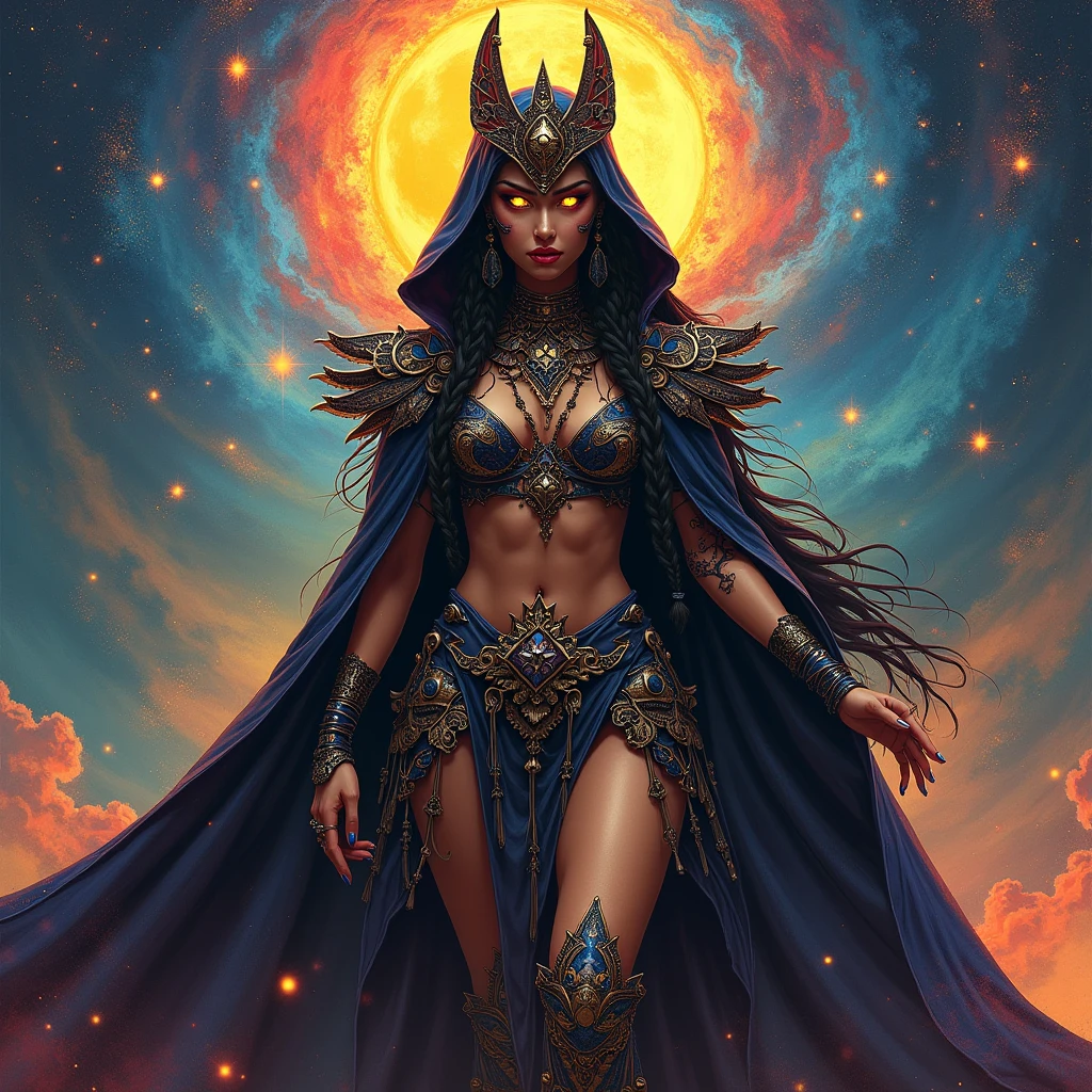 china gril, a full length pin up portrait, the dized Aztec Empress Tlapalizquixochtzin in the style of Yoji Shinkawa, with the hooded cape open, glowing eyes, surrounded by a colorful galaxy and stars, in an epic composition with cinematic lighting, very detailed and intricate details, very detailed and elaborate details, a full body shot, a masterpiece with an oil painting splatter effect and dripping paint