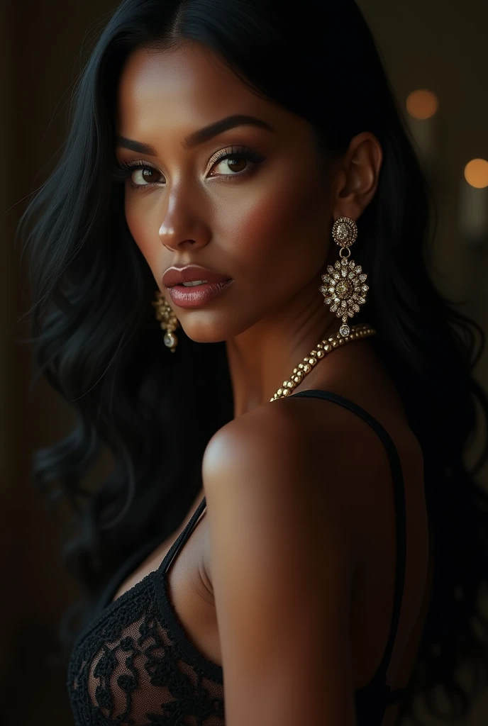 A photorealistic full body shot of Skin Diamond, beautiful detailed eyes, beautiful detailed lips, extremely detailed face and skin, long eyelashes, elegant expression, perfect skin texture, intricate jewelry, dark moody lighting, cinematic composition, dramatic chiaroscuro lighting, rich color palette, masterpiece, best quality, 8k, ultra-detailed, realistic, photo-realistic, elegant long dress