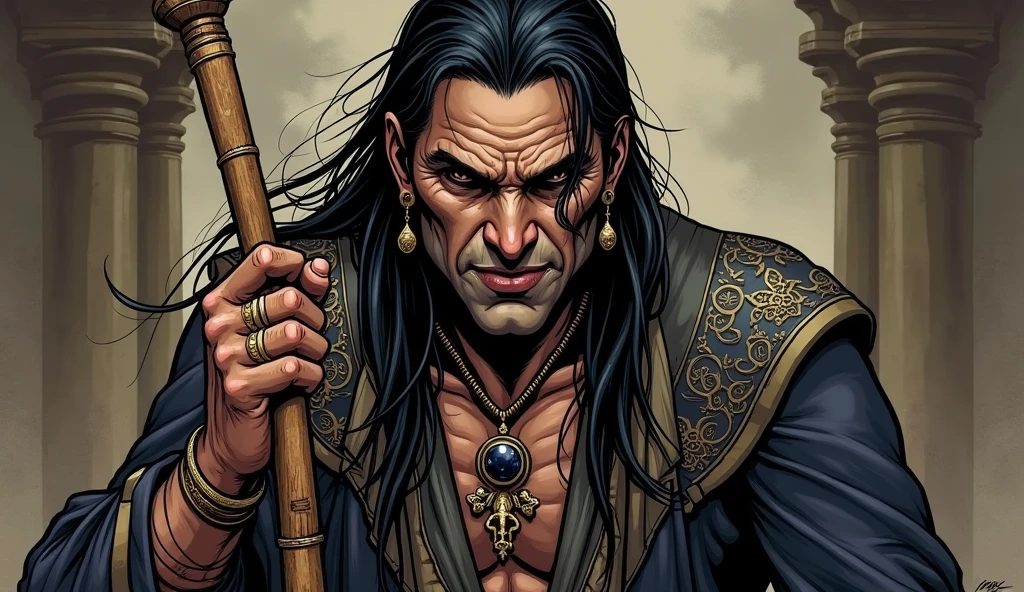 Face: Shakuni has a sharp, angular face with high cheekbones. His expression is often cold and calculating, with a thin, sinister smile. One of his eyes is clouded and half-closed, while the other is sharp and piercing.
Hair: His hair is long, black, and slightly disheveled, often tied back, with a few loose strands framing his face.
Clothing: He wears traditional royal attire in dark, muted colors, like deep purples and blacks, with intricate gold embroidery. His robes have an aged and worn look, adding to his menacing presence.
Body: Shakuni’s body is slightly hunched, with a noticeable limp due to his twisted, broken legs. He walks with the aid of a simple wooden cane or staff. His hands are often shown holding bone dice, symbolizing his cunning nature.
Accessories: He may wear a few gold rings, and a thin gold chain around his neck, with a dark gemstone pendant. His overall look should suggest both nobility and something sinister.
Expression: His expression should alternate between a mask of loyalty and hidden malice, emphasizing his duplicitous nature.
In comic style