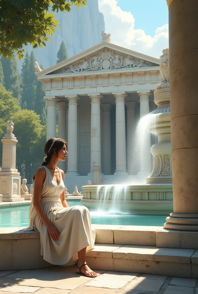 In an ancient Greek temple, a maid dressed in Greek attire sits by the fountain in front of the temple