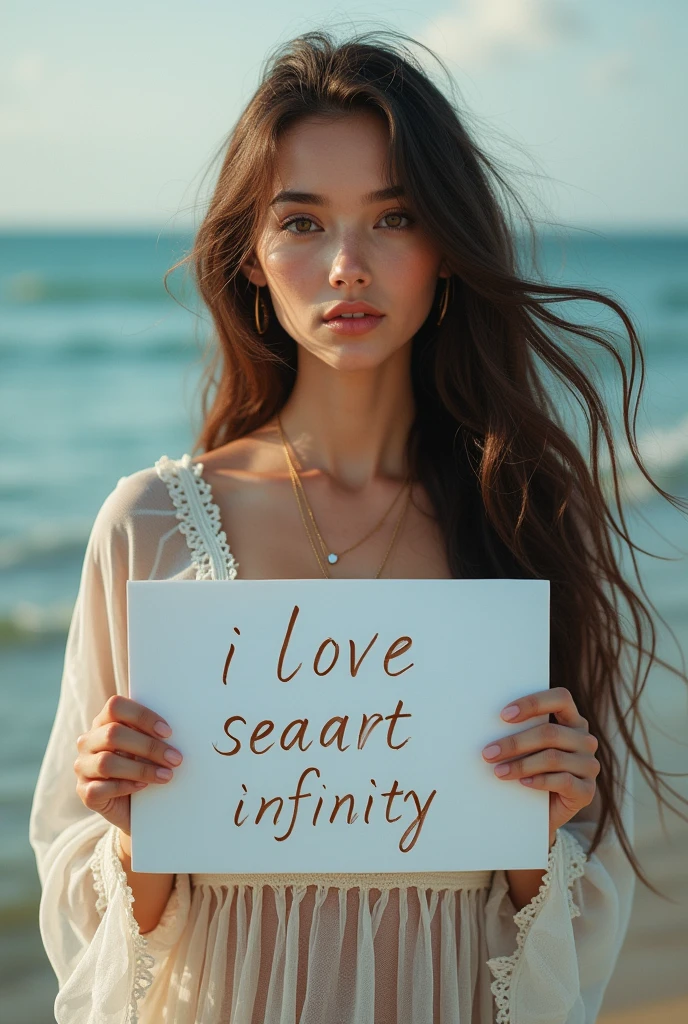 Beautiful girl with wavy long hair, bohemian dress, holding a white board with text "I Love Seaart Infinity" and showing it to the viewer