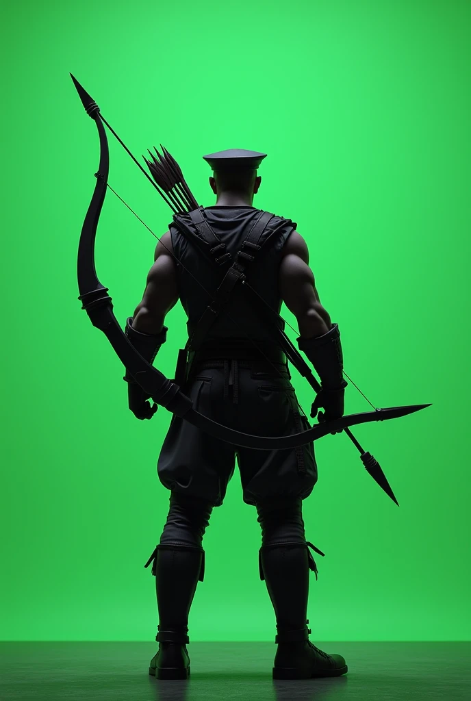 A Soldier standing with bow and arrow in hand , male, Hat on the head , full rear viewed,plain green screen background
