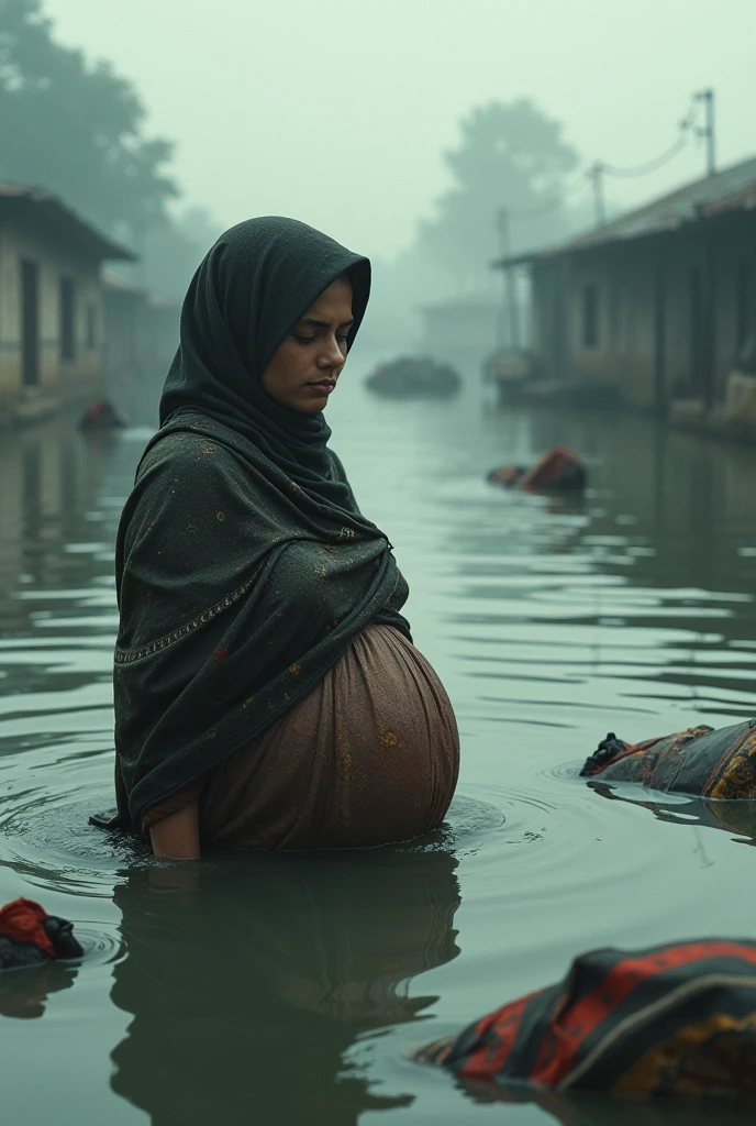 A pregnant Bangladeshi Muslim woman is submerged in water up to her belly, surrounded by the floating bodies of children, youths, elderly people, and women. Houses, livestock, and birds are also floating in the water.