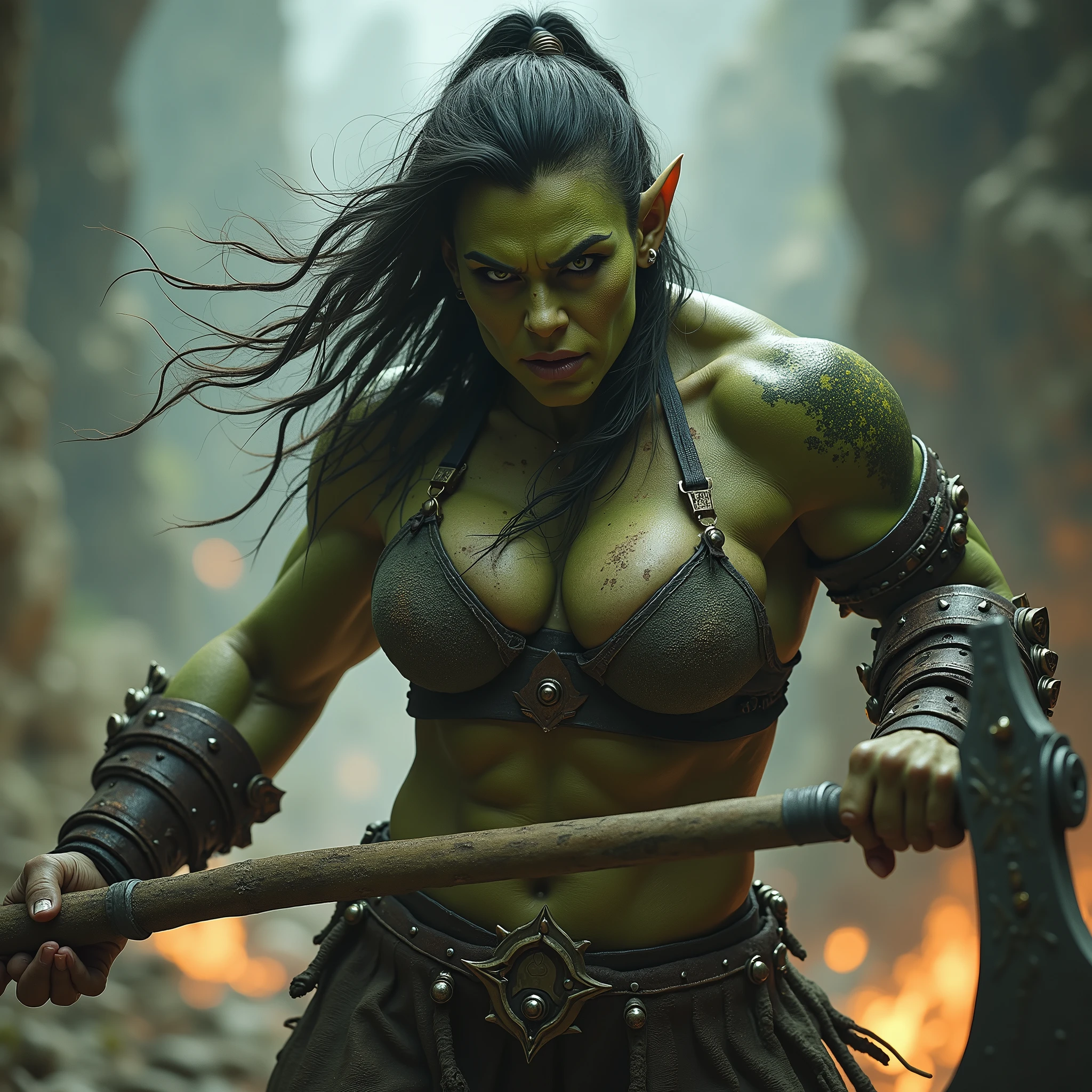 Young orc woman, big fangs, female orc, (green skin) , peaceful expression, dirty clothes and hair, wool and fur clothes, (wearing dirty linen dress), bone jewelry, forest background, natural lighting, tribal tattoos, big body, highly detailed, 4k, photorealistic, dramatic lighting, cinematic, fantasy art, ultra high quality, sharp Focus, orczor