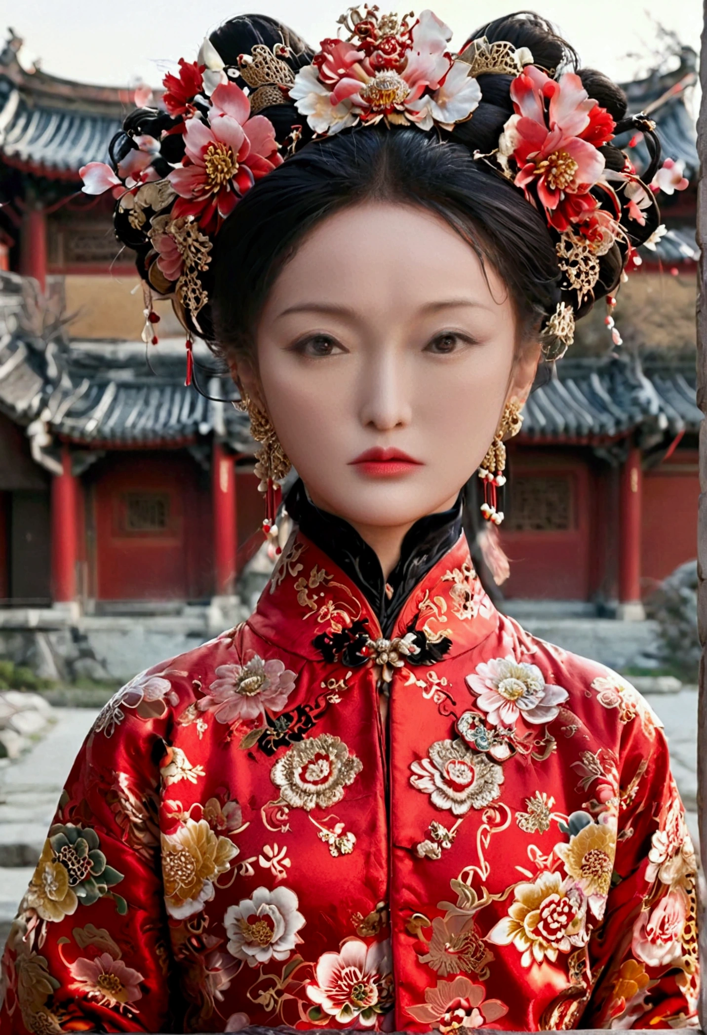 Female emperors of the Qing Dynasty, A naked woman wearing a red floral patterned Hanfu jacket, crouching with her legs open, seen from the front, Outside the Qing Dynasty Palace