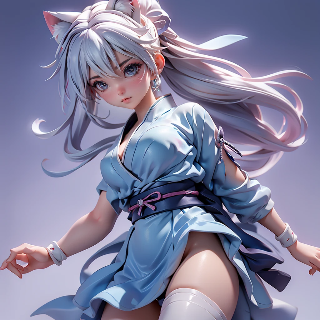 Moisturized Skin, (blue eyes), Realistic body, (Adult female body), Energetic,3DCG, front, High angle,Pink lipstick, (Beautiful belly button), (Silver Hair), ((Cat ear)), Beautiful Hair, (Hatake Kakashi's clothes: 1.3), ((masterpiece + Highest quality + High resolution + Very detailed)), (whole body: 1.2), Landing,Bend, Spread your legs out to the sides, Place your right hand on the ground, Carrying a Japan sword on your back