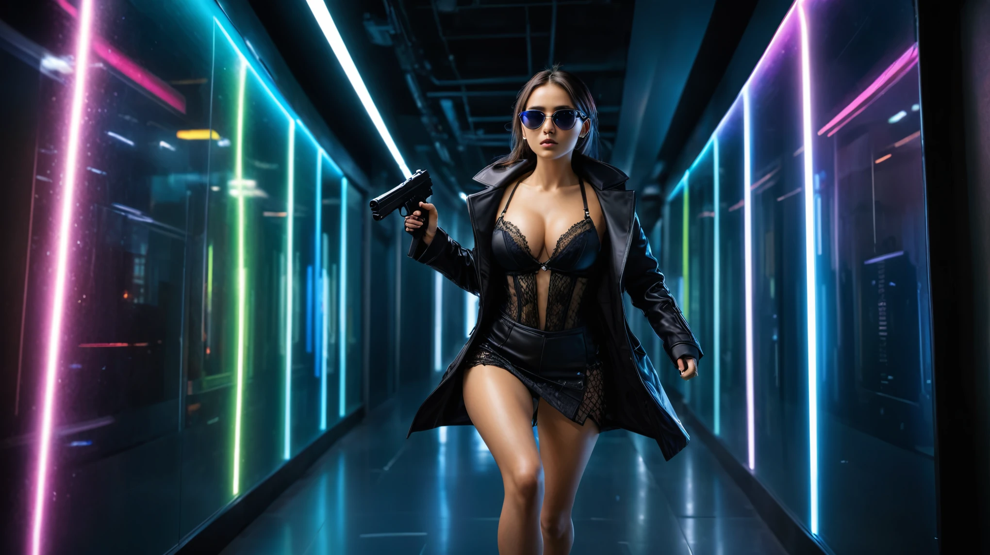 matrix inspired futuristic long corridor with all-glass wall, glowing rainbow auto weapon image displaying on wall, (low angle view), at dark night, background darkness:2.0, (1girl, solo, alone), medium-breast slim:0.6 body, oval:0.5 face, cleavage:1.1, sexy black laced bra, miniskirt, white laced panty, coat, (black micro sunglasses), (holding a short gun), (slightly leaning forward running pose, motion blur effect), (half-body thigh level medium shot), cinematic blurred lighting, ray tracing.