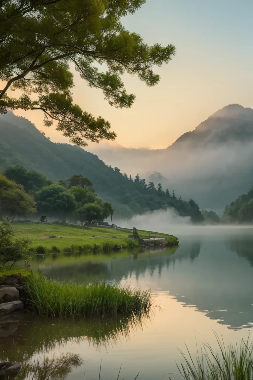 Highest quality、Landscape painting、Tranquil lakeside scenery、Foggy、dim