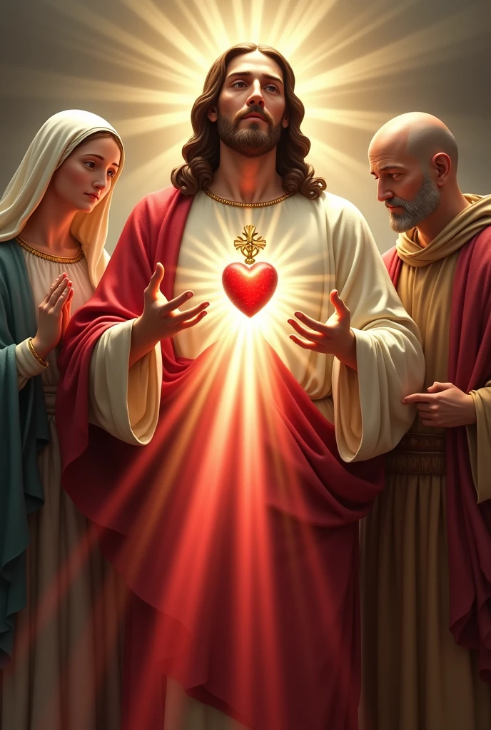 (photorealism:1.2) divine mercy with red and white rays and nail marks on hand with our mother of perpetual help and saint joseph