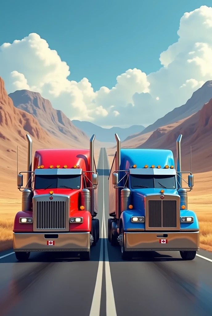 Canadian two truck in red and blue colour on long road in row