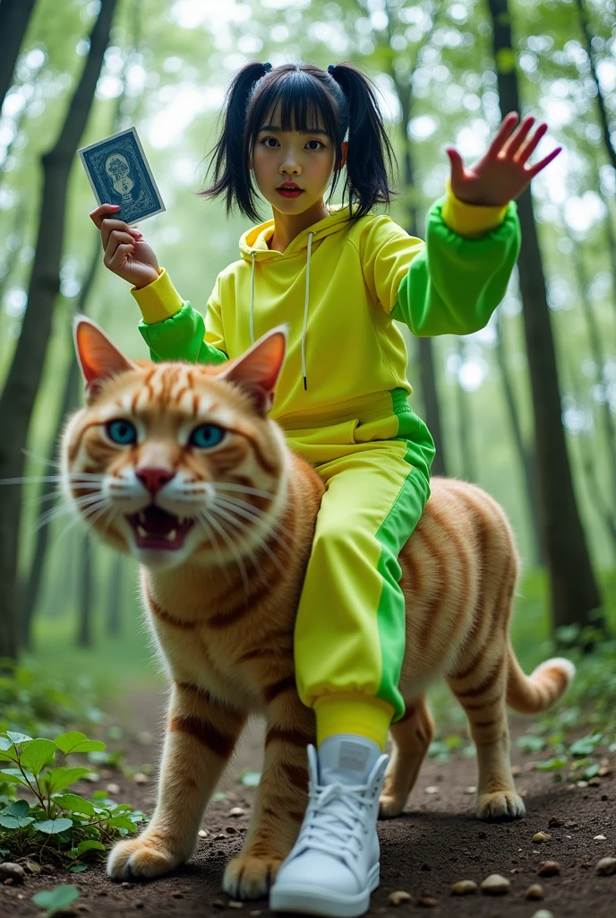 Full-body photo of a korean young woman holding out his hand fucking to present a hand with short ponitail black hair, blue eyes, riding a big giant a cat on the floor in a cool pose. Strong wide angle photography effect. She is dressed in an electric-yellow and green tracksuit and wears high-top white sneakers. She is isolated against a light forest background and gestures a card to the camera in front of her. professional photography, sharp focus, intricate details, wide angle, fisheye --ar 39:64 --v 6.1