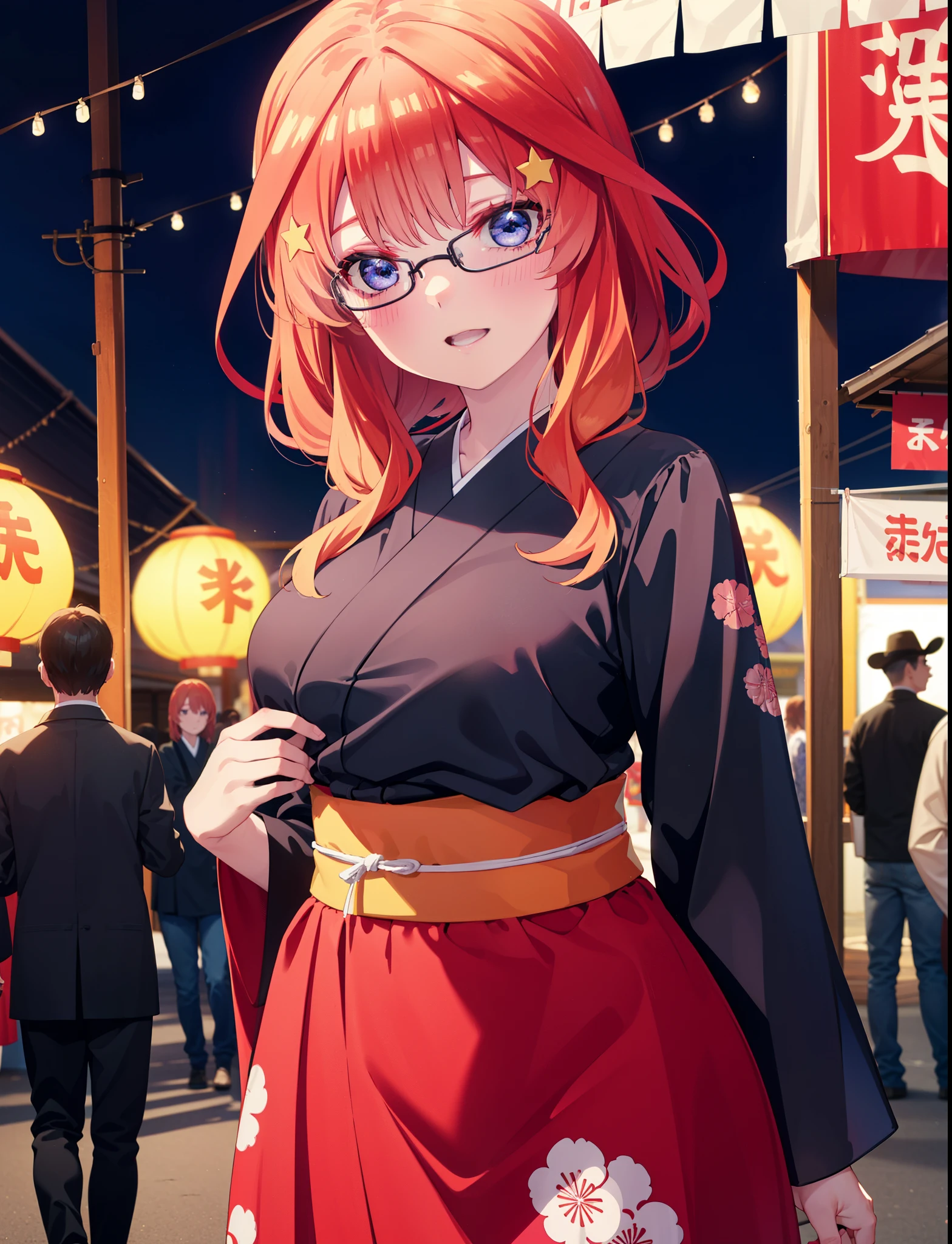 itsukinakano, Itsuki Nakano, bangs, blue eyes, Hair between the eyes, Ahoge, Redhead, star \(symbol\), hair ornaments, star hair ornaments,花のhair ornaments,Black-rimmed glasses,hair tied back,smile,blush,Open your mouth,Big Breasts,night,Red Kimono,Long skirt,He is holding cotton candy in his right hand and a clear bag full of cotton candy in his left hand.,Japanese Festivals,Summer festival food stalls,Red lantern,whole bodyがイラストに入るように,
break looking at viewer,whole body, (Cowboy Shot:1. 5),
break outdoors, Veranda,
break (masterpiece:1.2), Highest quality, High resolution, unity 8k wallpaper, (figure:0.8), (Beautiful attention to detail:1.6), Highly detailed face, Perfect lighting, Highly detailed CG, (Perfect hands, Perfect ???????),