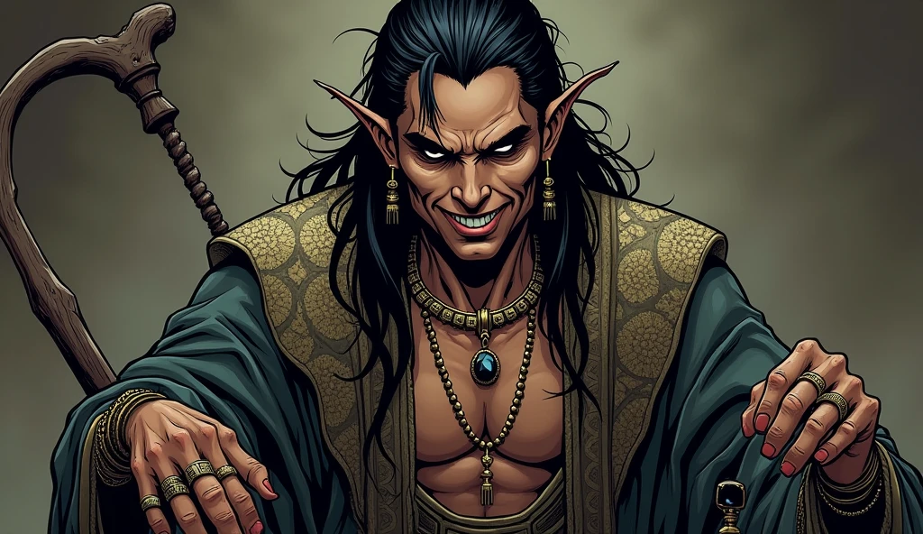 Face: Shakuni has a sharp, angular face with high cheekbones. His expression is often cold and calculating, with a thin, sinister smile. One of his eyes is clouded and half-closed, while the other is sharp and piercing.
Hair: His hair is long, black, and slightly disheveled, often tied back, with a few loose strands framing his face.
Clothing: He wears traditional royal attire in dark, muted colors, like deep purples and blacks, with intricate gold embroidery. His robes have an aged and worn look, adding to his menacing presence.
Body: Shakuni’s body is slightly hunched, with a noticeable limp due to his twisted, broken legs. He walks with the aid of a simple wooden cane or staff. His hands are often shown holding bone dice, symbolizing his cunning nature.
Accessories: He may wear a few gold rings, and a thin gold chain around his neck, with a dark gemstone pendant. His overall look should suggest both nobility and something sinister.
Expression: His expression should alternate between a mask of loyalty and hidden malice, emphasizing his duplicitous nature.
In comic style