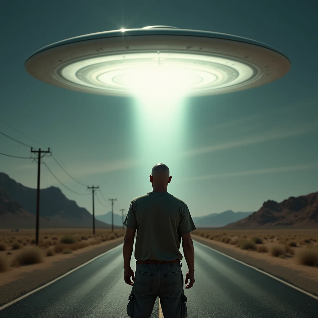 homme chauve sur la route avec un ovni tres brillant en fond ,le regard vers nous

