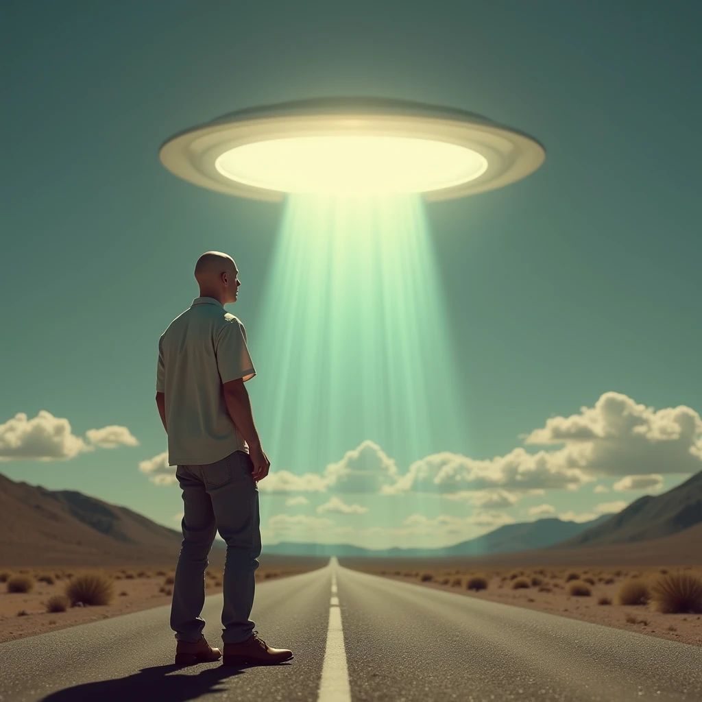 homme chauve sur la route avec un ovni tres brillant en fond ,le regard vers nous