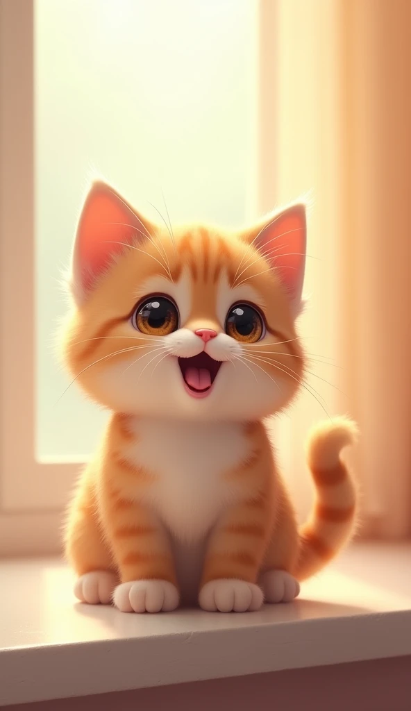 The cat is small and cute and meows meows