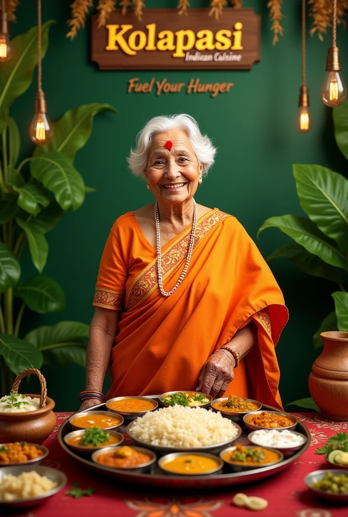 banana leaf background with a happy old lady with restaurant name kolapasi indian cuisine with tag line fuel your hunger and thali with items