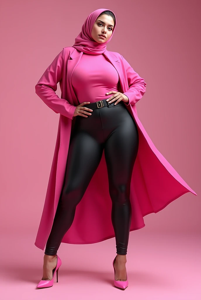 ((best quality)), hijab, high heels, sexy pose, leggings, Curves, pink, Blick haughtily, boss bitch