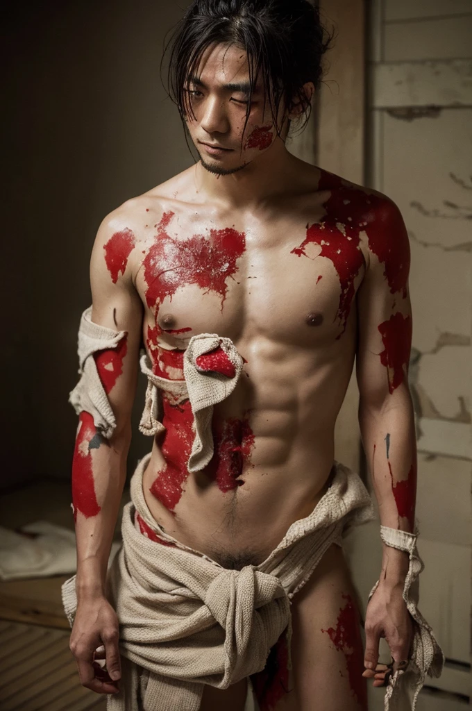 Handsome naked battered Japanese man trapped and covered in wounds
