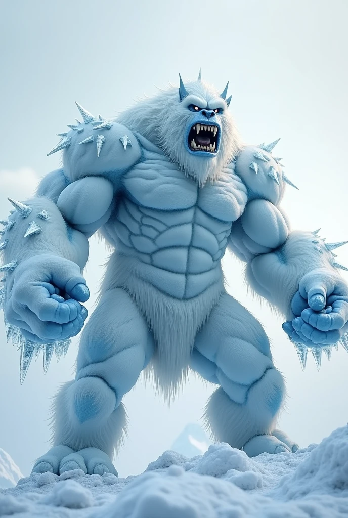 Personnage inspiré d'un Yéti avec des poing de glace un corps blanc teinté de bleu mélange a du ciel pale un corps de Yéti muscle des yeux noir est blanc une tête de Yéti avec orné de glace sur sont visage a moitié vers. S'est yeux Des jambes de Yéti avec des Pieds de glace est une côte combattant dangereux