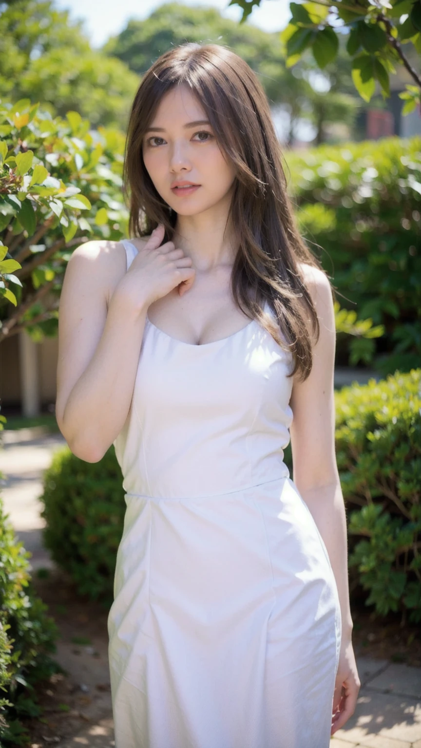 (Raw photo, Best Quality), (Realistic, Photorealsitic:1.3), masutepiece, Extremely delicate and beautiful, Soft light, (Brown hair, Shoulder-length straight hair swaying in the wind), Beautiful detailed girl, (Detailed fingers), extremely detailed eye and face, beautiful detailed nose, Beautiful detailed eyes, 1 girl, Japanese, Neat and clean beauty, Cute, young, ((white dress)), Pants, (Half body:1.3), (big breasts:1.3), Realistic face, Realistic body, standing