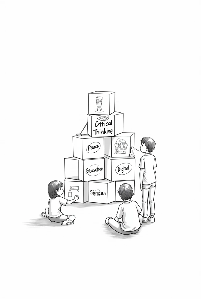 3. **Building Blocks**: Show students building a structure using blocks labeled "Critical Thinking," "Peace Education," "Digital Skills," etc. Each block contributes to the overall structure, representing how the curriculum aims to build a well-rounded education. *black and white drawing*