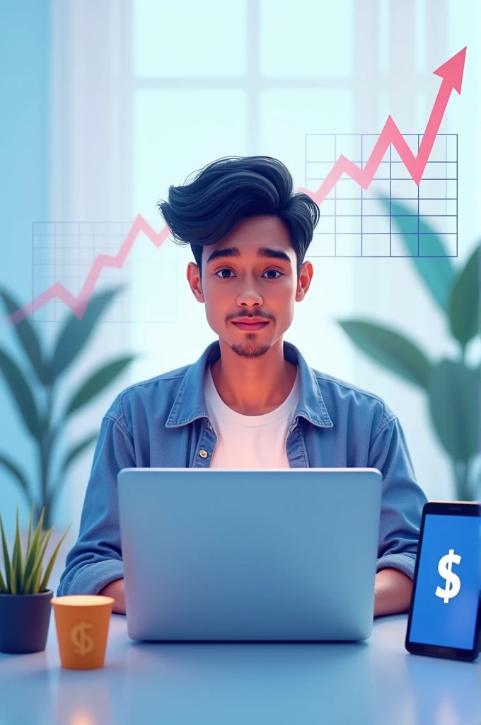 A modern, vibrant design featuring a young adult (late s to early twenties) sitting in front of a laptop, surrounded by symbols of online success (e.g., a growing graph, a smartphone with a rising arrow, a tablet with a dollar sign). The background could be a subtle gradient of blues and whites, conveying a sense of technology and innovation.