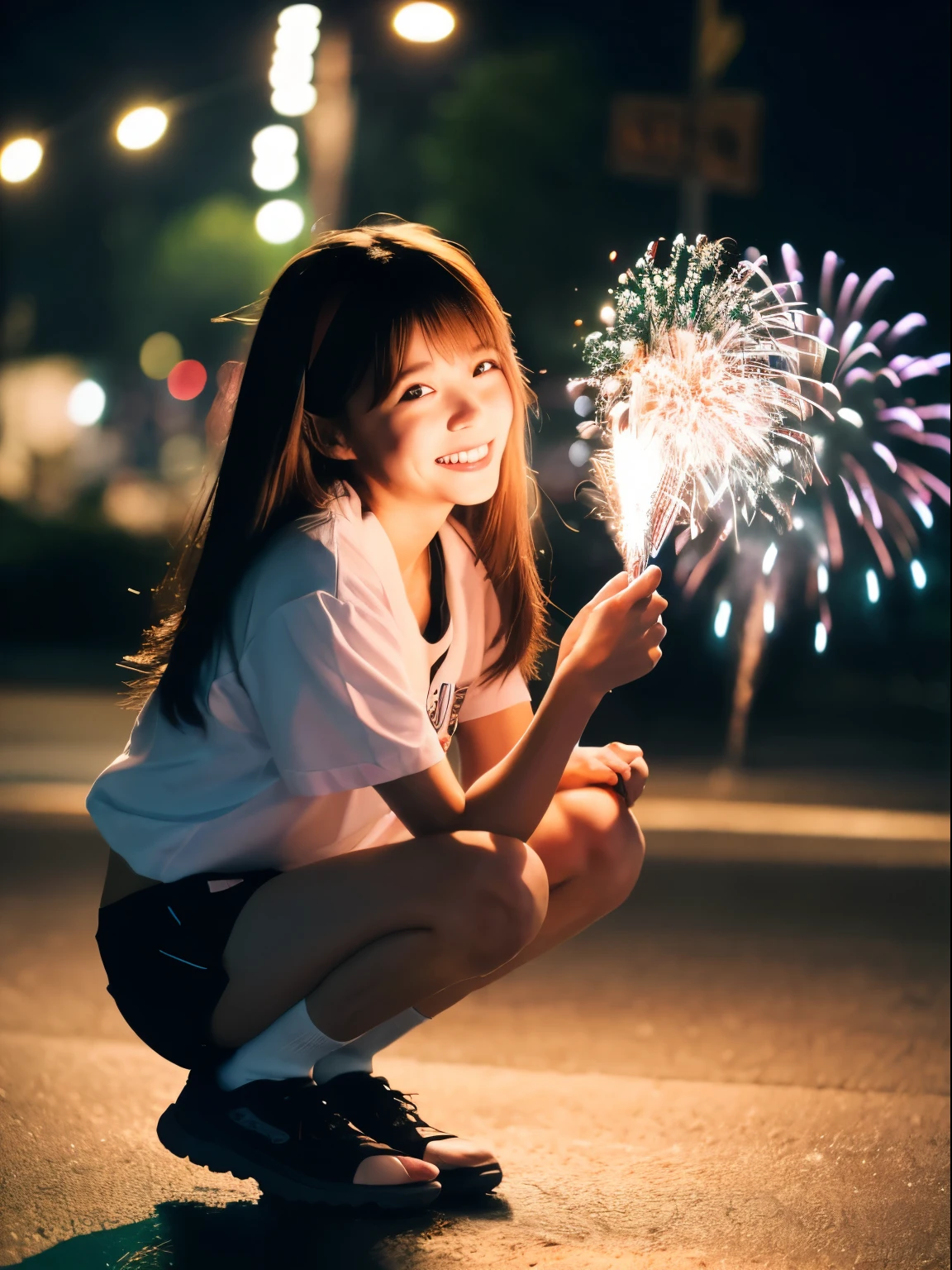 (8k, Top quality, Masterpiece:1.2), (Realistic, photo-realistic:1.37), Super detailed, perfect anatomy, cute, small eyes, 1, a Japanese, girl, shorts, squatting, handheld fireworks, at night, smile,