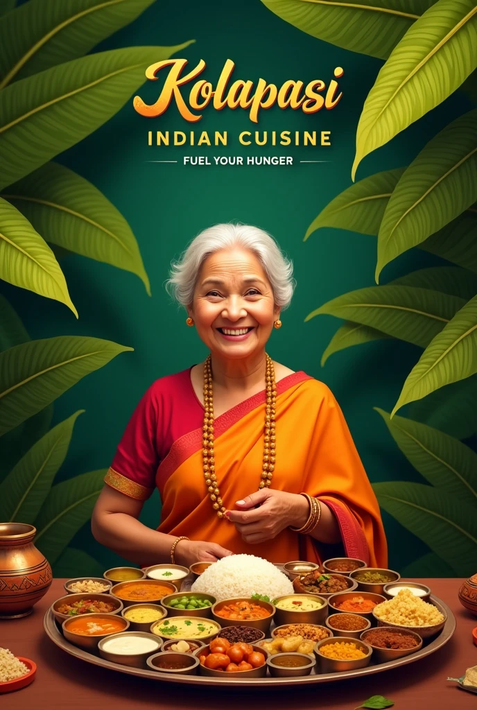 banana leaf background with a happy old lady with restaurant name kolapasi indian cuisine with tag line fuel your hunger and thali with items