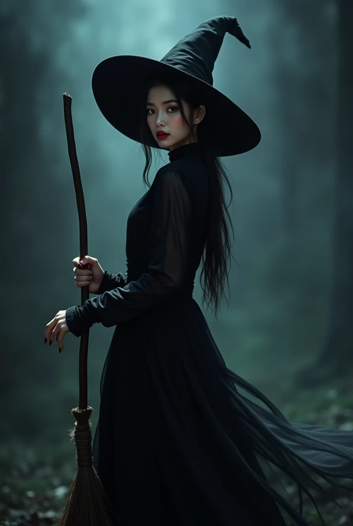 Itzy yeji as witch with black witch hat and long black dress and a broom