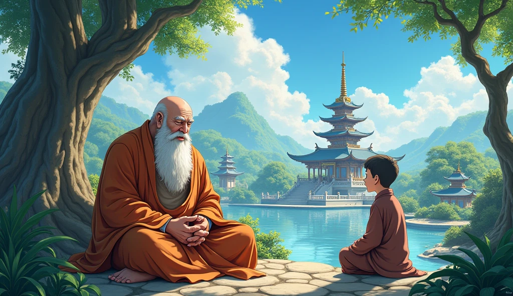 bald fat old monk, desciple, sitting, teaching, peaceful, surrounded by beautiful nature, temples, beautiful trees, wisdomfull, in anime style,