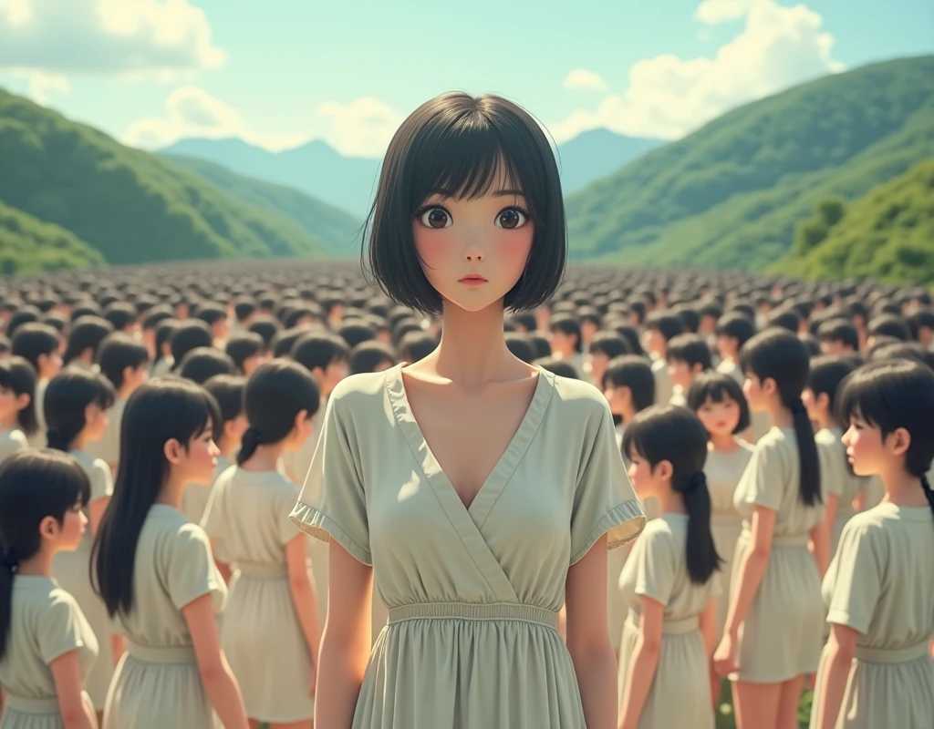 (((((Japanese Clone girls=Myself)))))), (((best masterpiece Clone girls Raw Photography Art))), (16K, Highest quality, Ultra-high resolution, RAW Photos), (((Unrealistic, Unparalleled depiction, An unbelievable sight, Unprecedented and shocking, In a world where myselves are multiplied, Ultra-realistic))), (((Japanese, woman, 20yo, Sasaki Nozomi))), (Small face, ((Thick black hair, Short Hair))), ((V-neck short-sleeve dress)), (((((Very beautiful detailed girls, Accurate body structure, Very detailed完璧な, Super busty body with very large breasts, Clearly emphasizes cleavage))))), (((Dark Eyes, Mature face, Cute Smile, A gentle gaze))), (((Very happy laughter is beautiful))), ((((((((Very detailed分身増殖描写, ((1Myself → Clone Multiplication → 1,000,000,000,000,000,000,000,000Myself)))))))))), ((((((((Very detailed, 寸分違いない緻密なMyself multiplication描写の, ((With the same perfectly MySelf body, With a face that is exactly the same as Myself, With the exact same hairstyle as Myself, In the exact same clothes as Myself, Perfectly the same height as Myself, The same super big breasts as Myself)))))))))), (((Myself only))), (((Very detailed, Myself multiplication, 1,000,000,000,000,000,000,000,000Myself→100,000,000,000,000,000,000,000,000,000,000,000,000,000,000^1,000,000,000,000,000,000Myself))), (((Very detailed, (An embrace between self, Back to Back, Myself is here!, Fun conversation with others, Happy conversation with myself, Kissing each other anywhere, Doting on Myself, Myself holding hands)))), (Free pose), (Sexual seduction), (((Unbelievably crowded, Close contact between transcendent selves, Countless "myselves" completely surround me in 360 degrees))), (Bright and soft sunlight), (((Very wide field of view, Very detailed, Detailed ultra-perspective depiction with clear depth))), (((((Curved hillside scenery))))), (((Very photographic and detailed, Myself is infinitely multiplied, filling the gaps and filling the horizon, Myself exists infinitely and it creates a fun atmosphere))), (Focus on the average value of the image)