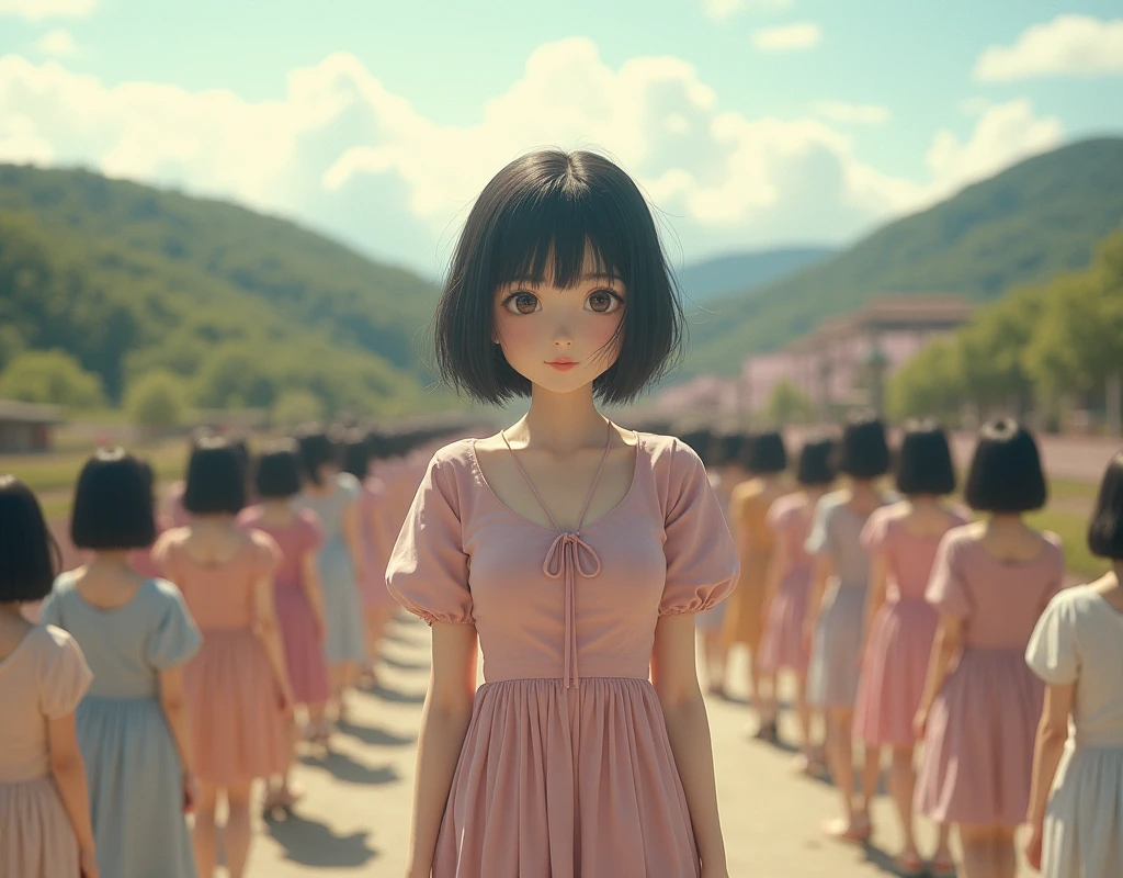 (((((Japanese Clone girls=Myself)))))), (((best masterpiece Clone girls Raw Photography Art))), (16K, Highest quality, Ultra-high resolution, RAW Photos), (((Unrealistic, Unparalleled depiction, An unbelievable sight, Unprecedented and shocking, In a world where myselves are multiplied, Ultra-realistic))), (((Japanese, woman, 20yo, Sasaki Nozomi))), (Small face, ((Thick black hair, Short Hair))), ((V-neck short-sleeve dress)), (((((Very beautiful detailed girls, Accurate body structure, Very detailed完璧な, Super busty body with very large breasts, Clearly emphasizes cleavage))))), (((Dark Eyes, Mature face, Cute Smile, A gentle gaze))), (((Very happy laughter is beautiful))), ((((((((Very detailed分身増殖描写, ((1Myself → Clone Multiplication → 1,000,000,000,000,000,000,000,000Myself)))))))))), ((((((((Very detailed, 寸分違いない緻密なMyself multiplication描写の, ((With the same perfectly MySelf body, With a face that is exactly the same as Myself, With the exact same hairstyle as Myself, In the exact same clothes as Myself, Perfectly the same height as Myself, The same super big breasts as Myself)))))))))), (((Myself only))), (((Very detailed, Myself multiplication, 1,000,000,000,000,000,000,000,000Myself→100,000,000,000,000,000,000,000,000,000,000,000,000,000,000^1,000,000,000,000,000,000Myself))), (((Very detailed, (An embrace between self, Back to Back, Myself is here!, Fun conversation with others, Happy conversation with myself, Kissing each other anywhere, Doting on Myself, Myself holding hands)))), (Free pose), (Sexual seduction), (((Unbelievably crowded, Close contact between transcendent selves, Countless "myselves" completely surround me in 360 degrees))), (Bright and soft sunlight), (((Very wide field of view, Very detailed, Detailed ultra-perspective depiction with clear depth))), (((((Curved hillside scenery))))), (((Very photographic and detailed, Myself is infinitely multiplied, filling the gaps and filling the horizon, Myself exists infinitely and it creates a fun atmosphere))), (Focus on the average value of the image)