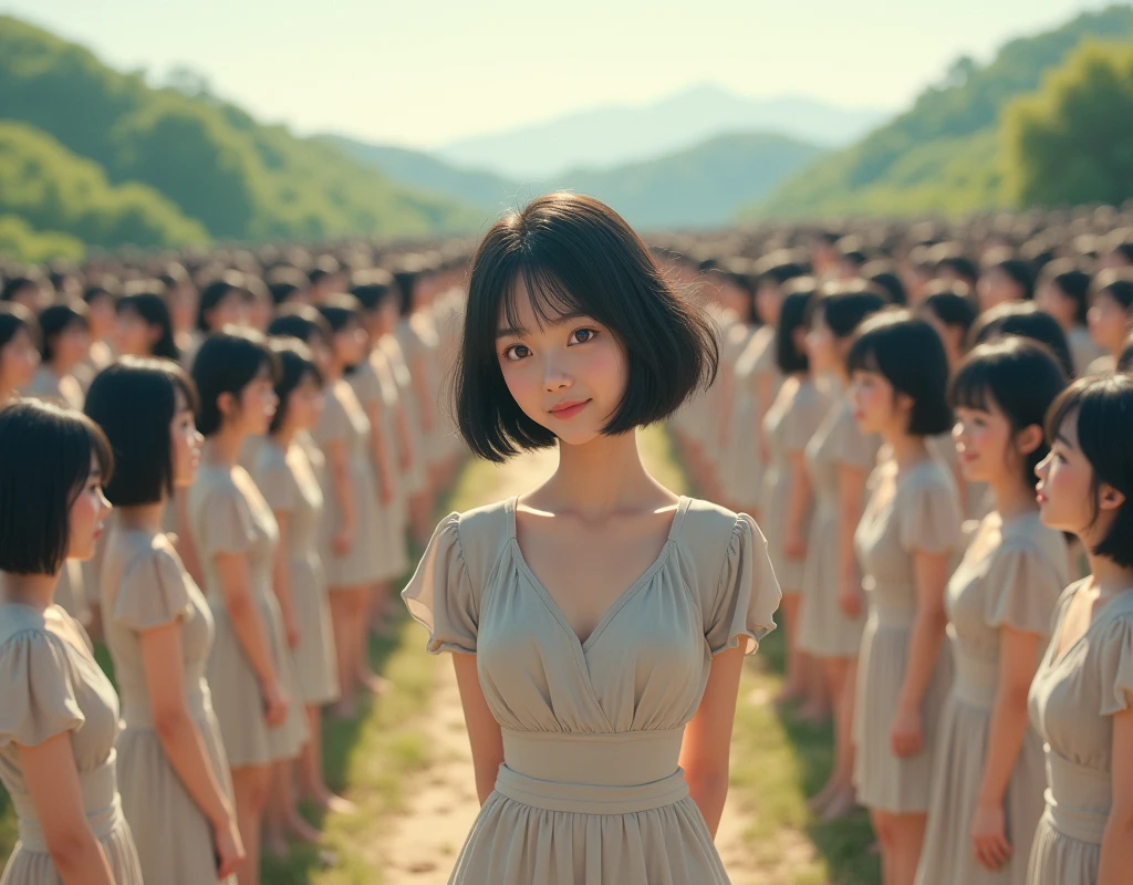 (((((Japanese Clone girls=Myself)))))), (((best masterpiece Clone girls Raw Photography Art))), (16K, Highest quality, Ultra-high resolution, RAW Photos), (((Unrealistic, Unparalleled depiction, An unbelievable sight, Unprecedented and shocking, In a world where myselves are multiplied, Ultra-realistic))), (((Japanese, woman, 20yo, Sasaki Nozomi))), (Small face, ((Thick black hair, Short Hair))), ((V-neck short-sleeve dress)), (((((Very beautiful detailed girls, Accurate body structure, Very detailed完璧な, Super busty body with very large breasts, Clearly emphasizes cleavage))))), (((Dark Eyes, Mature face, Cute Smile, A gentle gaze))), (((Very happy laughter is beautiful))), ((((((((Very detailed分身増殖描写, ((1Myself → Clone Multiplication → 1,000,000,000,000,000,000,000,000Myself)))))))))), ((((((((Very detailed, 寸分違いない緻密なMyself multiplication描写の, ((With the same perfectly MySelf body, With a face that is exactly the same as Myself, With the exact same hairstyle as Myself, In the exact same clothes as Myself, Perfectly the same height as Myself, The same super big breasts as Myself)))))))))), (((Myself only))), (((Very detailed, Myself multiplication, 1,000,000,000,000,000,000,000,000Myself→100,000,000,000,000,000,000,000,000,000,000,000,000,000,000^1,000,000,000,000,000,000Myself))), (((Very detailed, (An embrace between self, Back to Back, Myself is here!, Fun conversation with others, Happy conversation with myself, Kissing each other anywhere, Doting on Myself, Myself holding hands)))), (Free pose), (Sexual seduction), (((Unbelievably crowded, Close contact between transcendent selves, Countless "myselves" completely surround me in 360 degrees))), (Bright and soft sunlight), (((Very wide field of view, Very detailed, Detailed ultra-perspective depiction with clear depth))), (((((Curved hillside scenery))))), (((Very photographic and detailed, Myself is infinitely multiplied, filling the gaps and filling the horizon, Myself exists infinitely and it creates a fun atmosphere))), (Focus on the average value of the image)