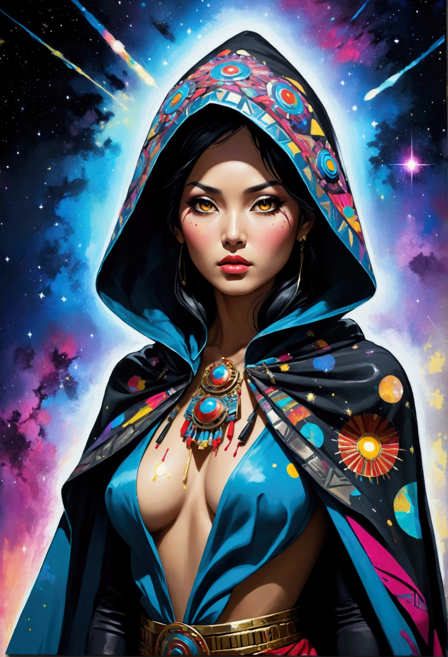 china gril, a full length pin up portrait, the anodized Aztec Empress Tlapalizquixochtzin in the style of Yoji Shinkawa, with the hooded cape open, glowing eyes, surrounded by a colorful galaxy and stars, in an epic composition with cinematic lighting, very detailed and intricate details, very detailed and elaborate details, a full body shot, a masterpiece with an oil painting splatter effect and dripping paint