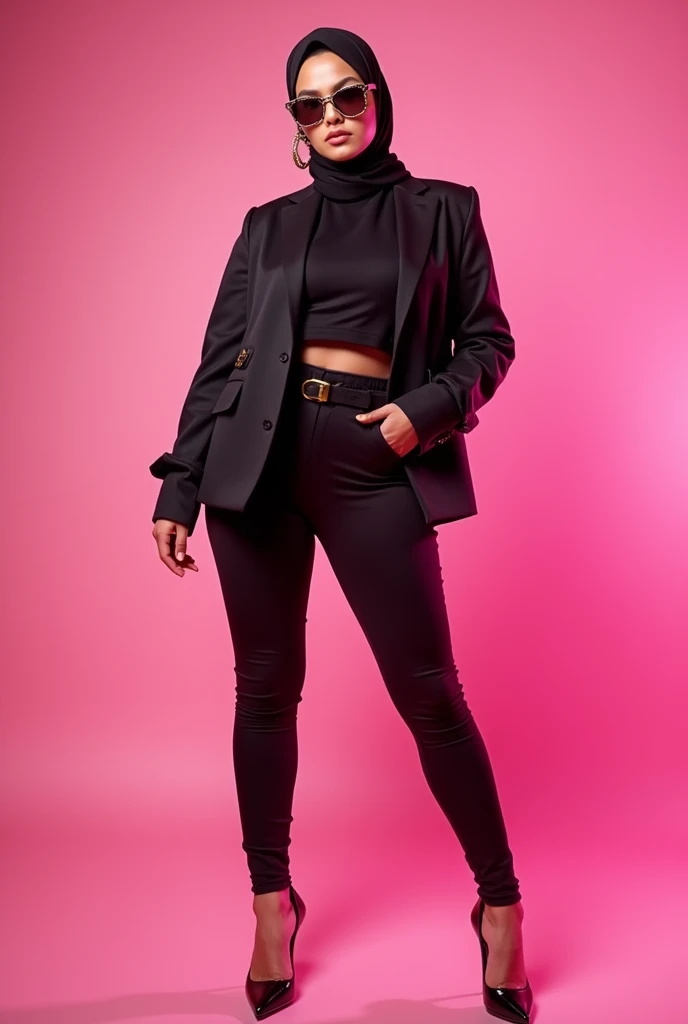 ((best quality)), hijab, high heels, sexy pose, leggings, Curves, pink, Blick haughtily, boss bitch