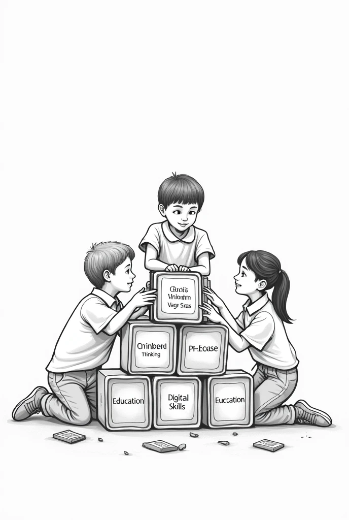 3. **Building Blocks**: Show students building a structure using blocks labeled "Critical Thinking," "Peace Education," "Digital Skills," etc. Each block contributes to the overall structure, representing how the curriculum aims to build a well-rounded education. *black and white drawing*