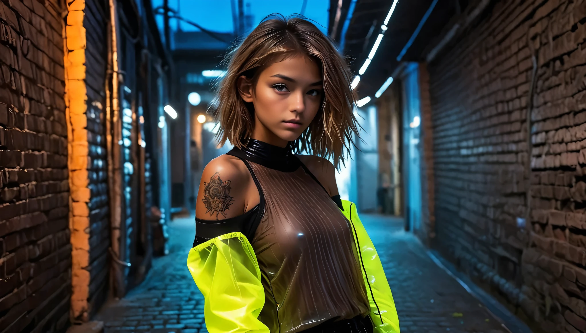 8k, high resolution, masterpiece, ultra-detailed, full body shot, (((cute tanned barely legal girl in sheer rubber blouse and leggings, (shiny puffer jacket off-shoulder, wide neckline, deep neckline), random neon color))), (small perky breasts, small hips, detailed face, seductive expression, long random hair, some tattoos), in a dark dungeon, moody atmosphere, random dramatic and neon colors, intricate details, dim light from behind, look from behind, at night, backlit, random pose, (((full body shot from the side)))