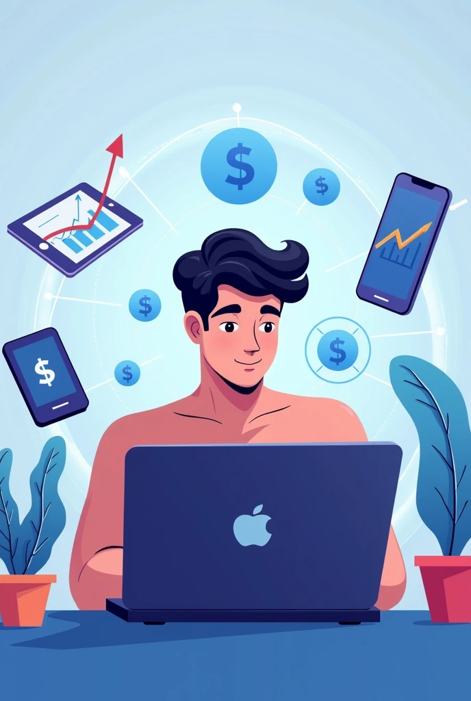 A modern, vibrant design featuring a nude man(late teens to early twenties) sitting in front of a laptop, surrounded by symbols of online success (e.g., a growing graph, a smartphone with a rising arrow, a tablet with a dollar sign). The background could be a subtle gradient of blues and whites, conveying a sense of technology and innovation.