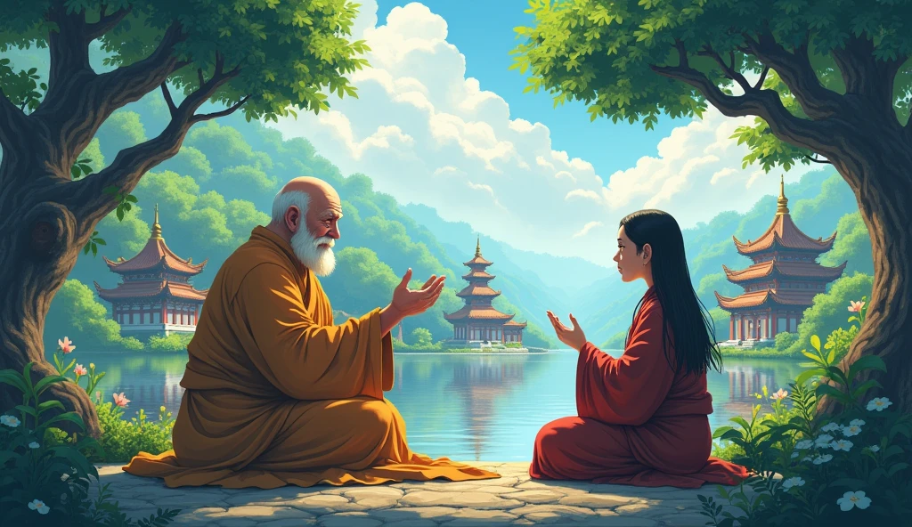 bald fat old monk, desciple, sitting, teaching, peaceful, surrounded by beautiful nature, temples, beautiful trees, wisdomfull, in anime style,