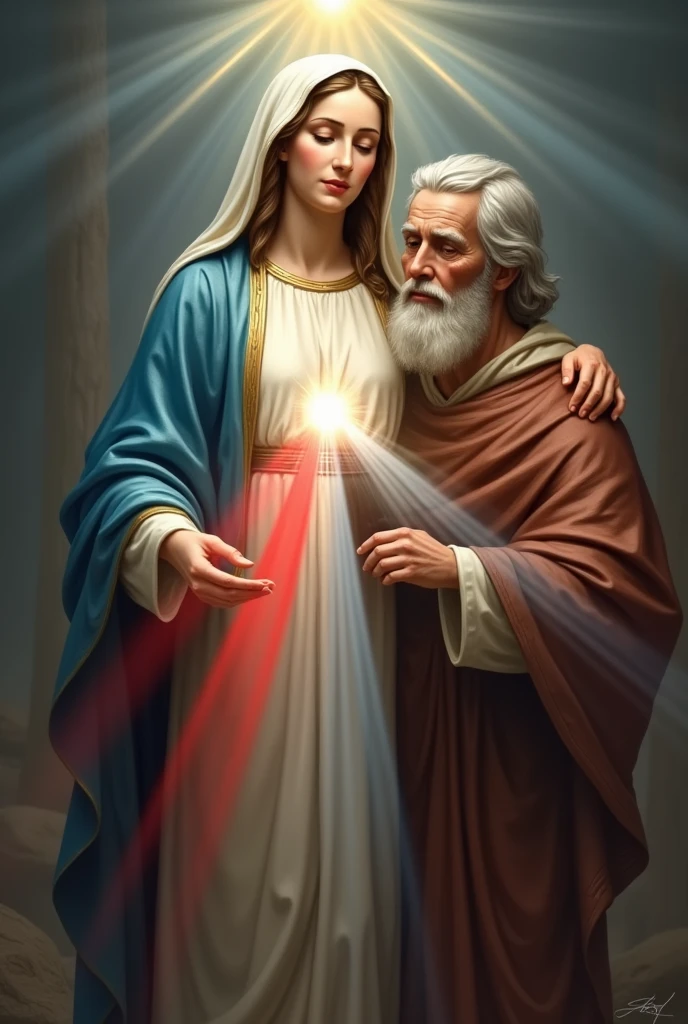 (photorealism:1.2)  divine mercy with red and white rays and nail marks on hand, our mother of perpetual help, saint Joseph