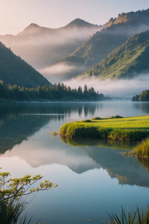 Highest quality、Landscape painting、Tranquil lakeside scenery、Foggy、dim