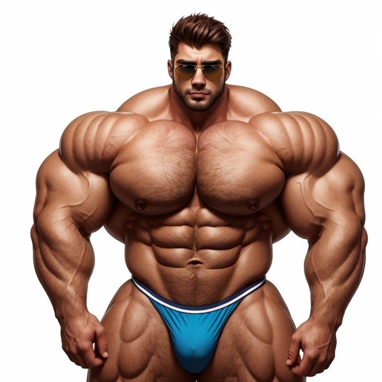 brutalmass, a very handsome young man, sunglasses, shirtless, muscular, on a white background