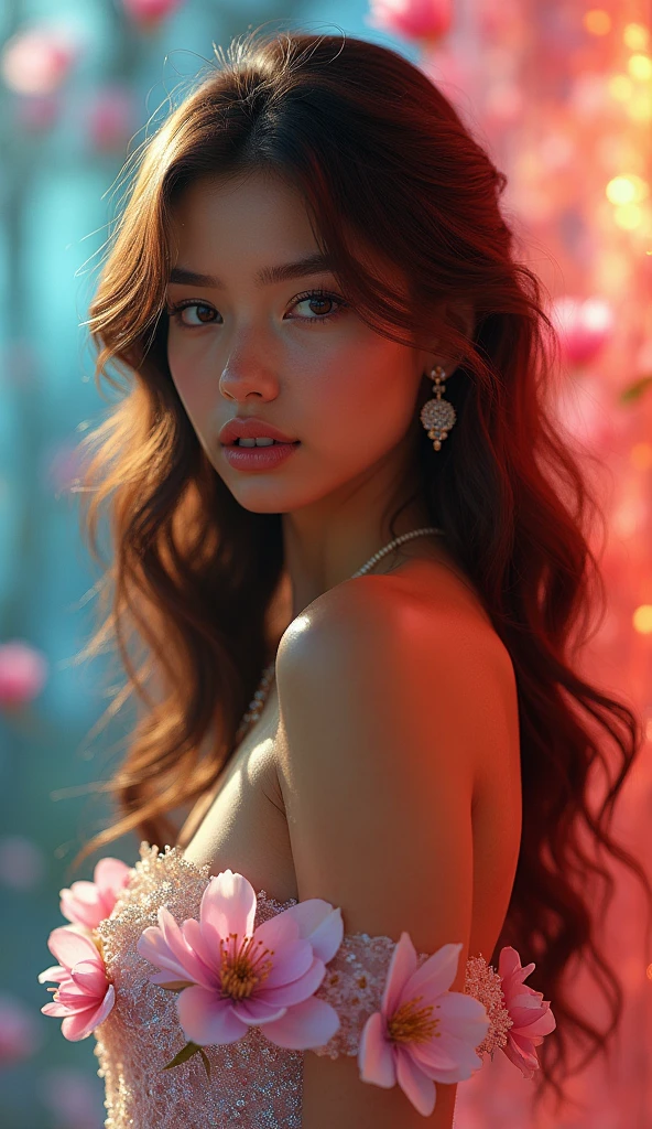 cute brunette girl, cinnamon skin, wavy hair, iridescent lacey gown, colorful magnolia flower motif, highly detailed, hyperrealistic, cinematic lighting, vibrant colors, dramatic composition, ethereal, elegant, magical realism, with her long wavy peach hair cascading down her back. Her eyes hold an alluring gaze, and her lips are parted as if she's about to whisper a secret